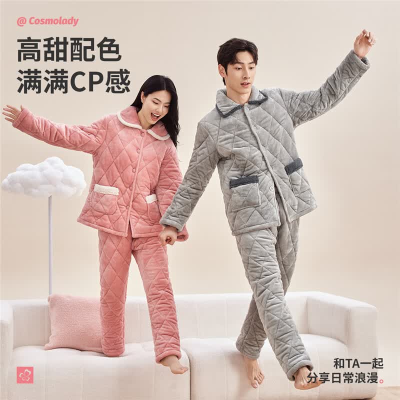 都市丽人睡衣加厚夹棉细密保暖法兰绒翻领简约情侣款家居服套装 蔷薇紫-女款2HT001 4XL