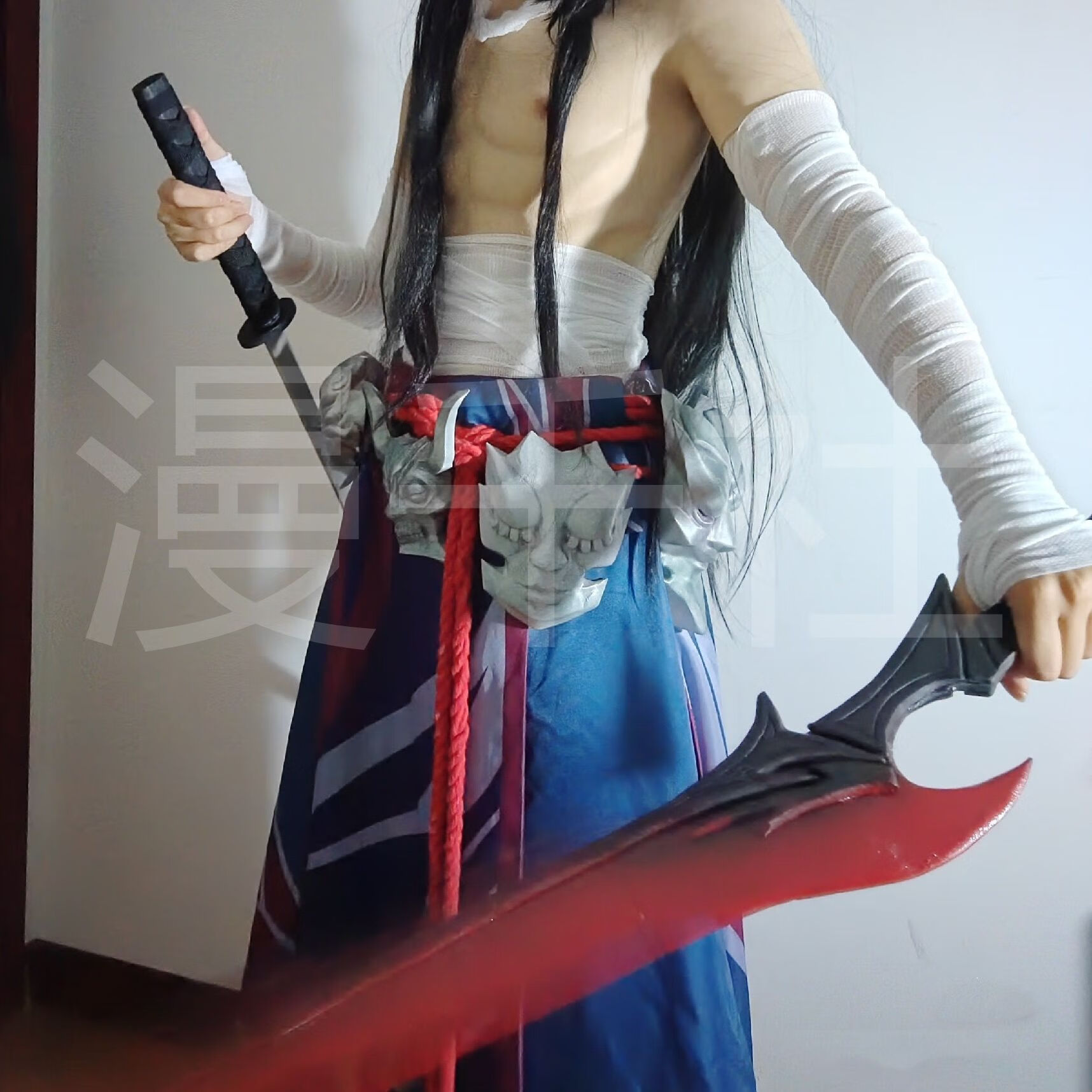 绷带cos双面印花裙cos英雄联盟cos裙 永恩男(双面印花裙 腰绳 绷带) s