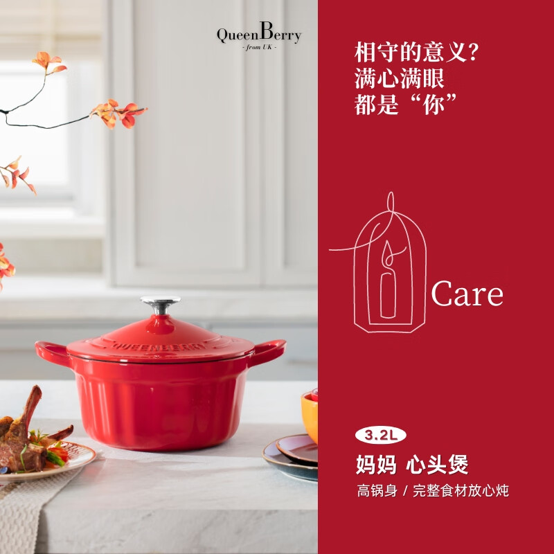 QUEENBERRY英国库白铸铁珐琅锅家用大容量深炖锅双耳汤锅多功能平底焖炖锅 「4-5人食」深炖锅-红叶森林 22cm