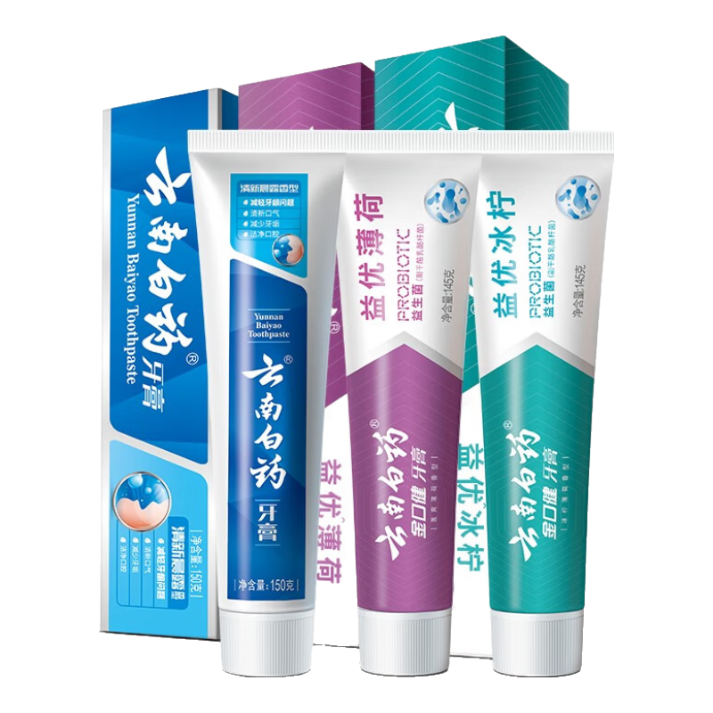 云南白药牙膏益生菌系列超值套装 清新口气洁净护齿 冰柠薄荷香3支装440g