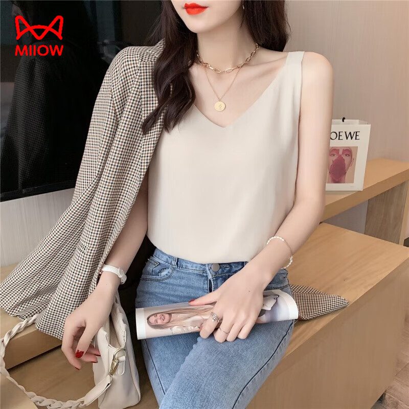 貓人（MiiOW）配西裝外套的雪紡背心女打底西服里面簡(jiǎn)約內(nèi)搭小衫內(nèi)穿吊帶內(nèi)襯薄 杏色 L