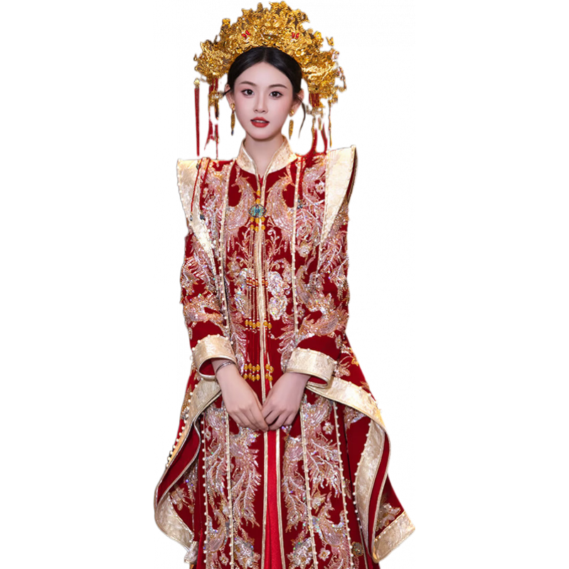 烏拓婚服中式鳳冠霞帔絲絨秀禾服新娘2025新款結(jié)婚出閣禮服重工霞披嫁 N-648重工款 S