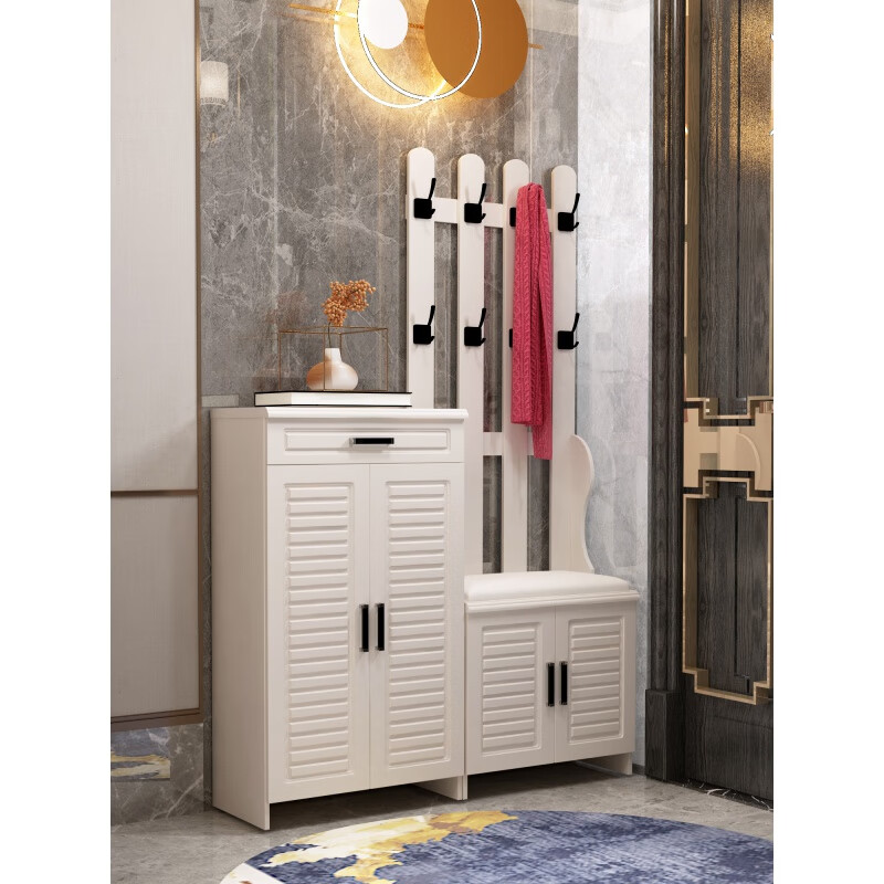 桃幽鞋柜带挂衣架一体组合入户鞋柜家用门口玄关柜衣帽架换鞋凳带挂衣