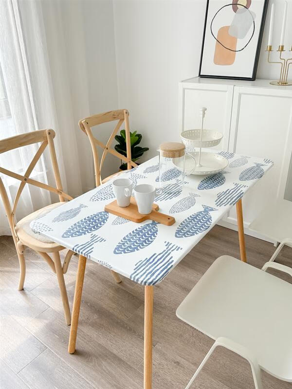 卡通防水防油免洗防滑桌布布艺儿童书桌垫茶几布幼儿园 蓝鱼群松紧带