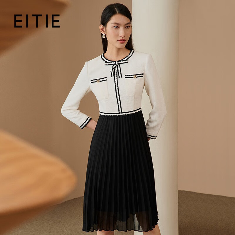 爱特爱（EITIE）气质拼接小香风连衣裙撞色显瘦百褶春季新款6907603 白色12 XL 170