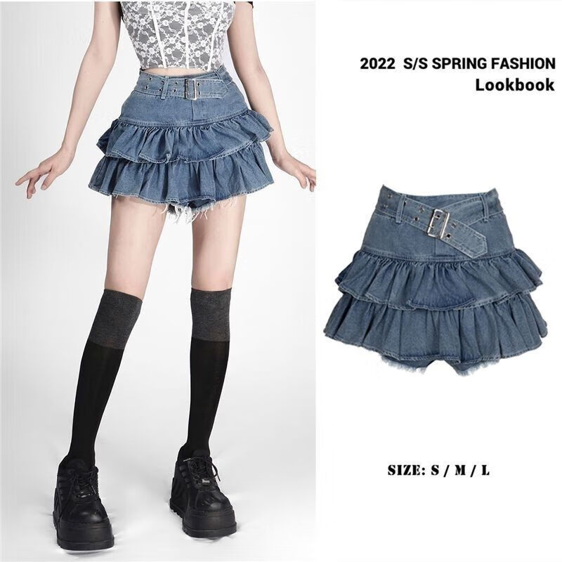 宁述女士牛仔短裙新款高档双层荷叶边假两件防走光高腰牛仔裙薄款超短