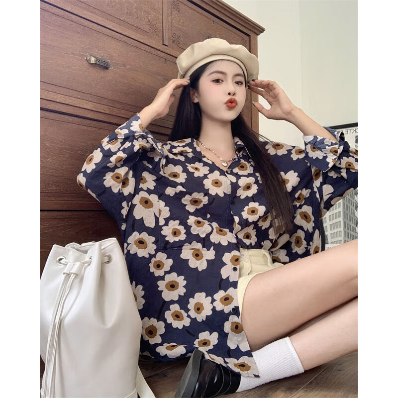 尤柯鸟 yoekbird早秋衬衣设计感港风花衬衫女复古长袖宽松慵懒风印花