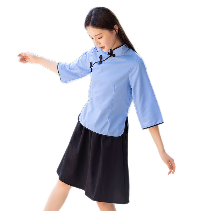 沐趣兒民國(guó)時(shí)期衣服民國(guó)學(xué)生裝女五四青年裝民國(guó)風(fēng)女裝中山裝男舞臺(tái)班服 藍(lán)棉+中裙(送紅圍巾) L