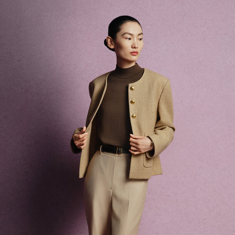 OVV【粗花呢夹克】2024秋冬新款女装金属丝羊毛混纺夹克外套 卡其色 XS
