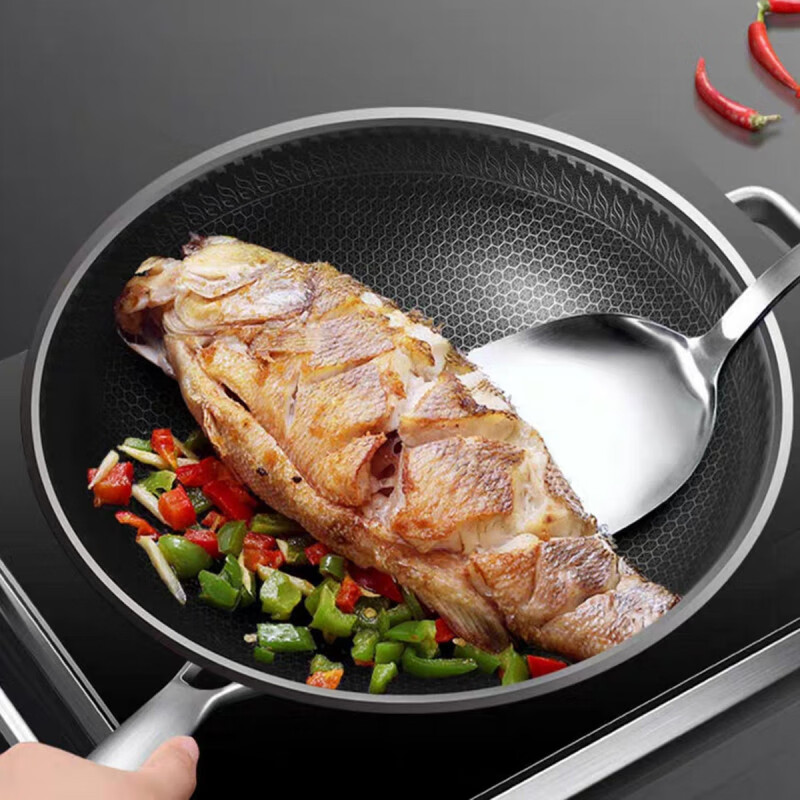 欧菲斯不粘锅炒锅304不锈钢无涂层炒菜锅燃气灶家用铁锅