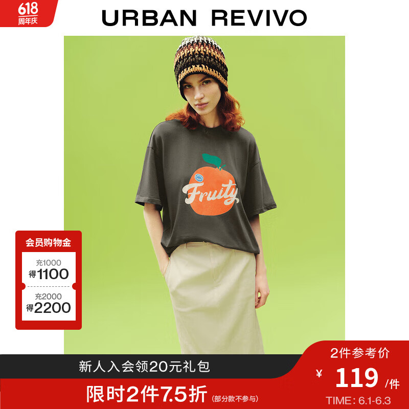 UR【水果系列】2024夏季女装趣味水果印花短袖T恤UWU440075 深灰 M