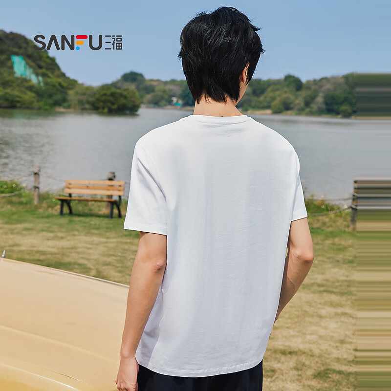 三福2025夏季新款短袖t恤男女圆领纯色上衣情侣款白色休闲打底衫 圆领-黑色 XL