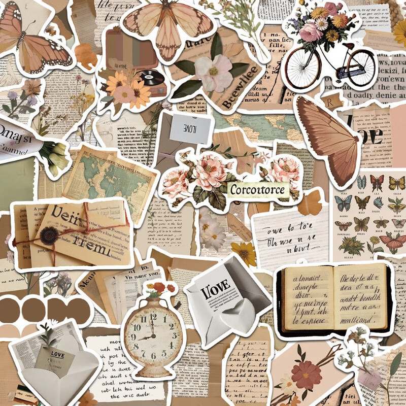 新款152张复古贴纸英文字母报纸精美欧美风不重复手帐pvc防水贴纸