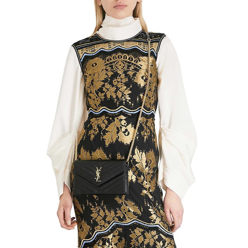 圣罗兰(ysl)女士金标logo链条压纹牛皮信封包单肩斜挎包 送女友 黑色