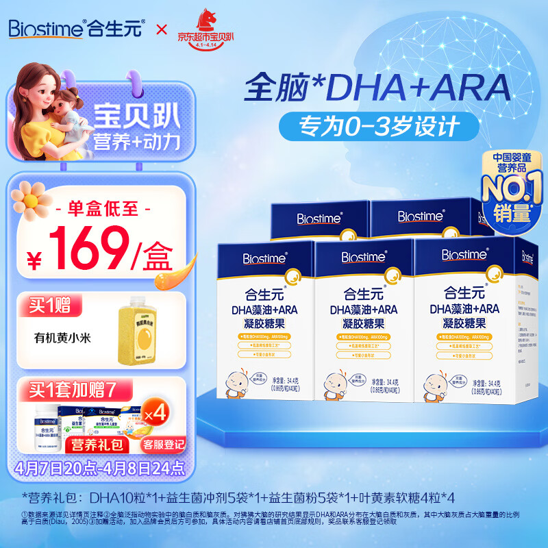 合生元（BIOSTIME）藻油DHA+ARA软胶囊40粒*5盒 科学配比 特含核桃油 助力脑发育 (推荐0-3岁 孕妇适用)