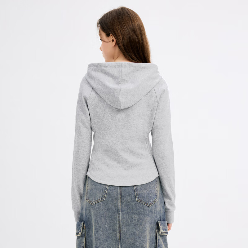 乐町韩系学院风秋季新款修身运动连帽衫收腰拉链开衫卫衣外套 灰色(现货) S