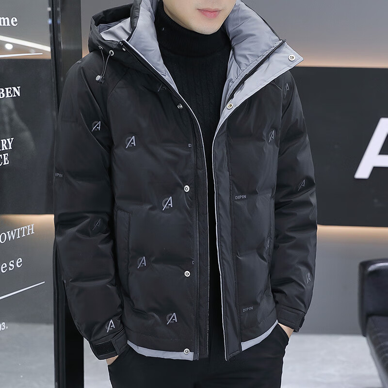 动感北面2025年冬季新款羽绒服男士短款连帽韩版轻薄保暖青年冬装潮牌外套 黑色 2XL