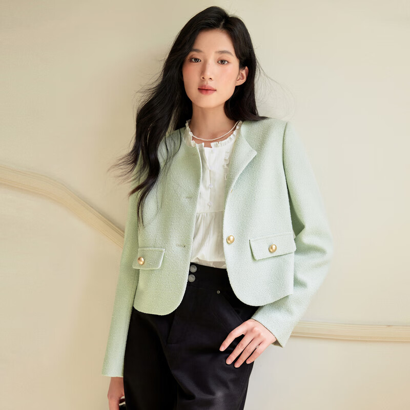 乐町甜美芭蕾风秋季新款撞色金属扣正肩圆领名媛小香风外套 浅绿色(现货) M