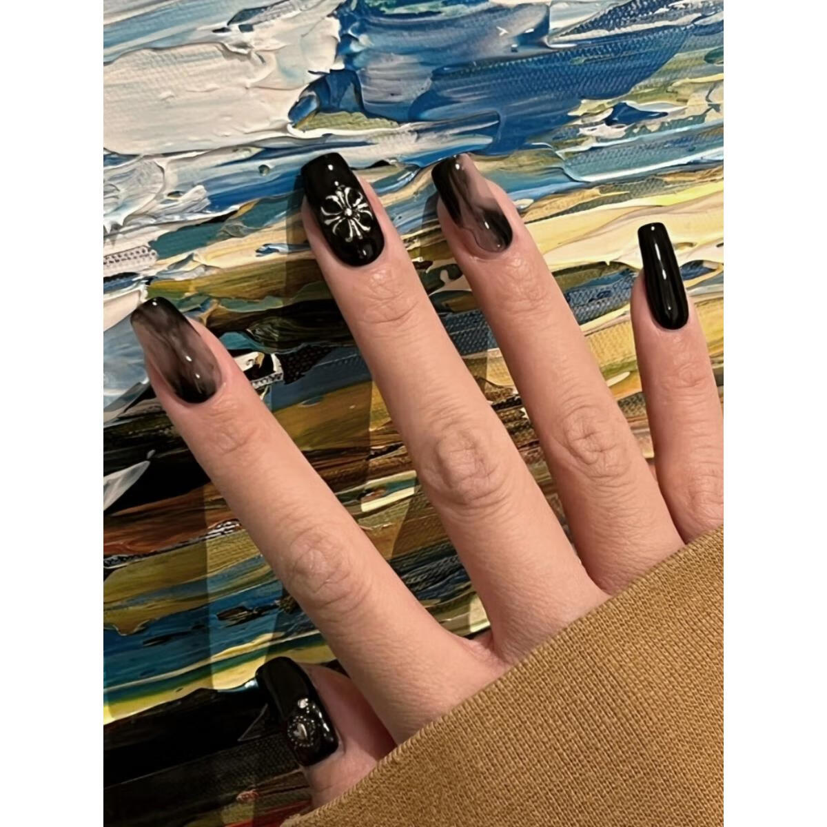 琉璃灰毒辣辣暗黑系列冰透黑色克罗心手工美甲酷飒感穿戴甲 xs码