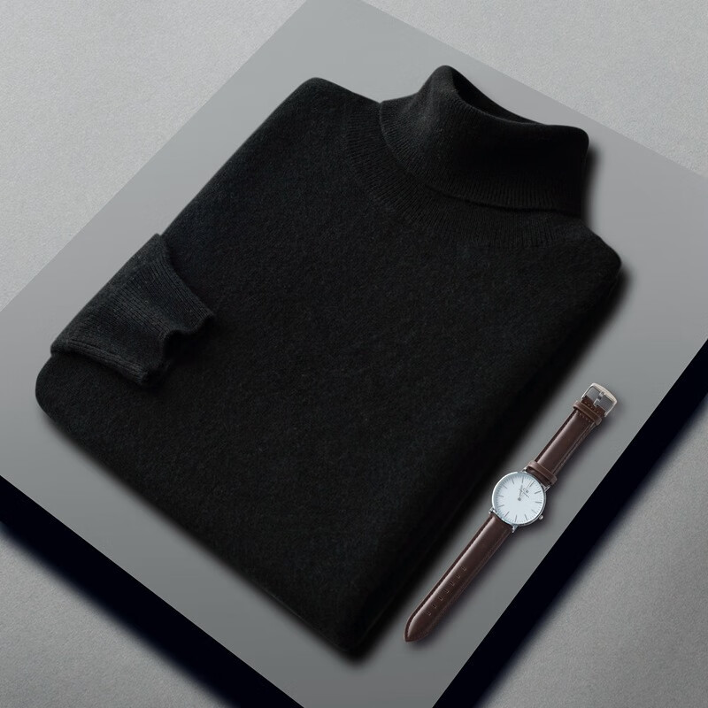清河羊绒衫男秋冬新款高领山衫时尚宽松长袖套头针织衫毛衣 黑色 s
