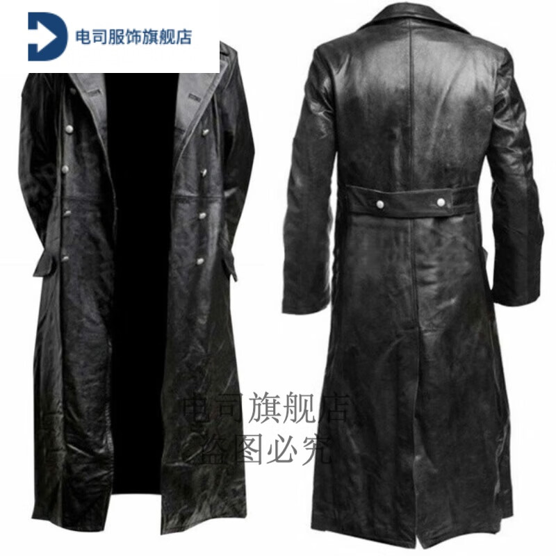 电司战壕风衣二战德国军大衣大码服装长款男双排扣皮军官服外套 黑色