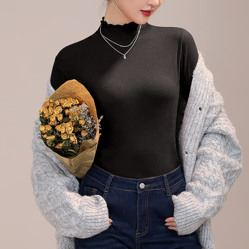 六月玫瑰 打底衣女新款双面磨毛内搭半高领打底衫秋衣女上衣2件装 黑+深咖(80-125斤) 均码