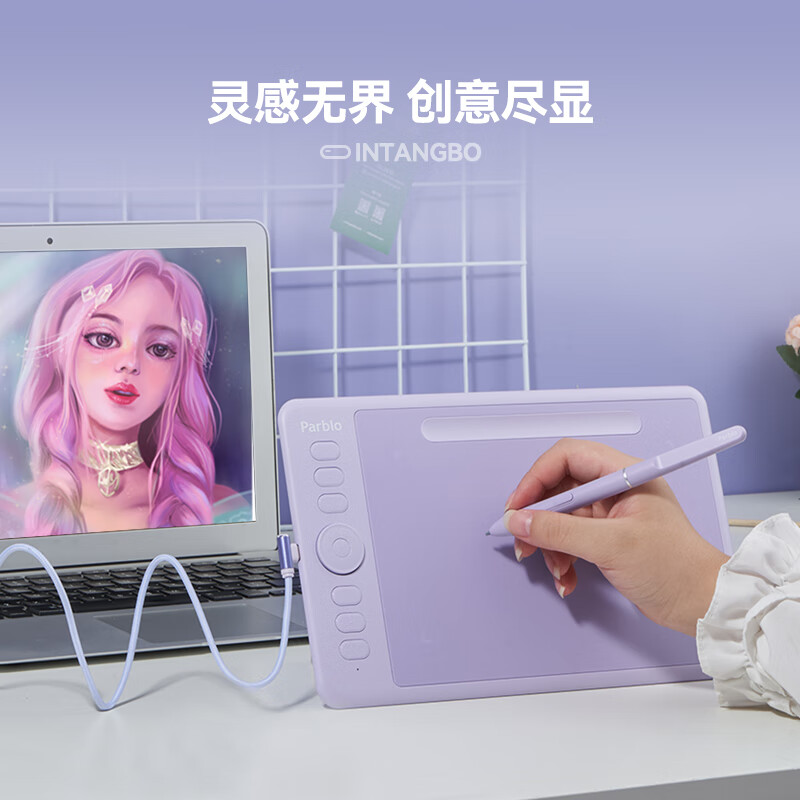 ParbloIntangbo小紫板数位板绘画板 手绘板电脑绘画网课手写字板 学生入门绘画 【标准版】M丁香紫+磨砂膜+毛毡包送VIP课程