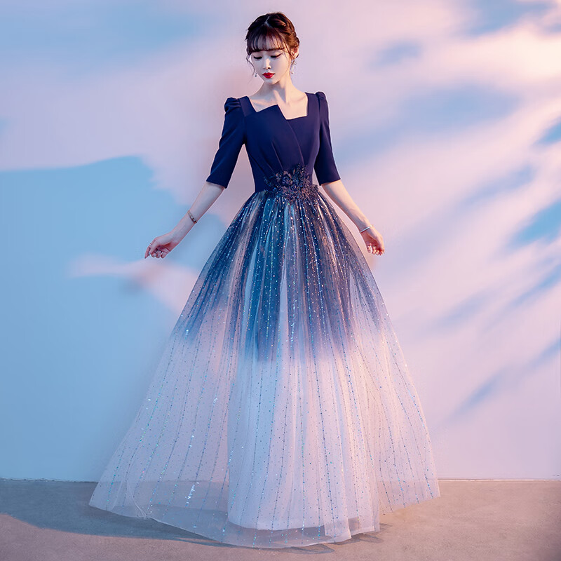 枫顾蓝钢琴演出服女中学生成人大合唱团长裙学生艺考独唱朗诵表演服装