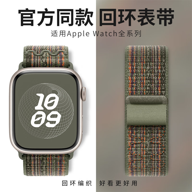 LAZYODDiWatch9尼龙表带Apple watch9/8/7/6/5/4/3/SE编织运动透气表带潮 新款暗杉绿配橙 45MM