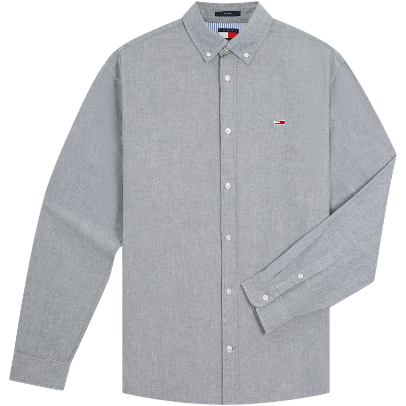 TOMMY JEANS【牛津紡】25新款春夏男女肌理條紋亞洲版長袖/純棉凈色襯衫 藍灰色C1G L