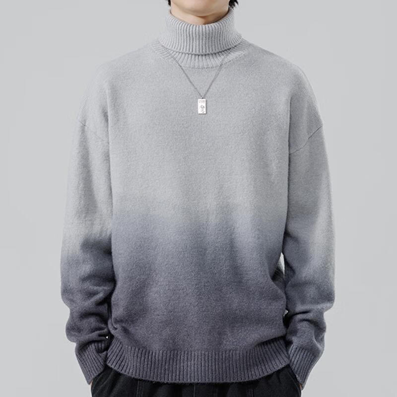 tdnzsel保暖编织衫男士手工粗线高领毛衣渐变色秋冬季可翻针织衫男生