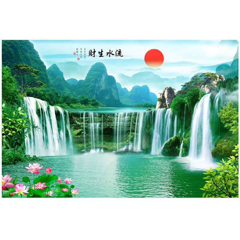 山头林村黄果树瀑布山水画 黄果树瀑布山水风景壁画自然美景客厅沙发