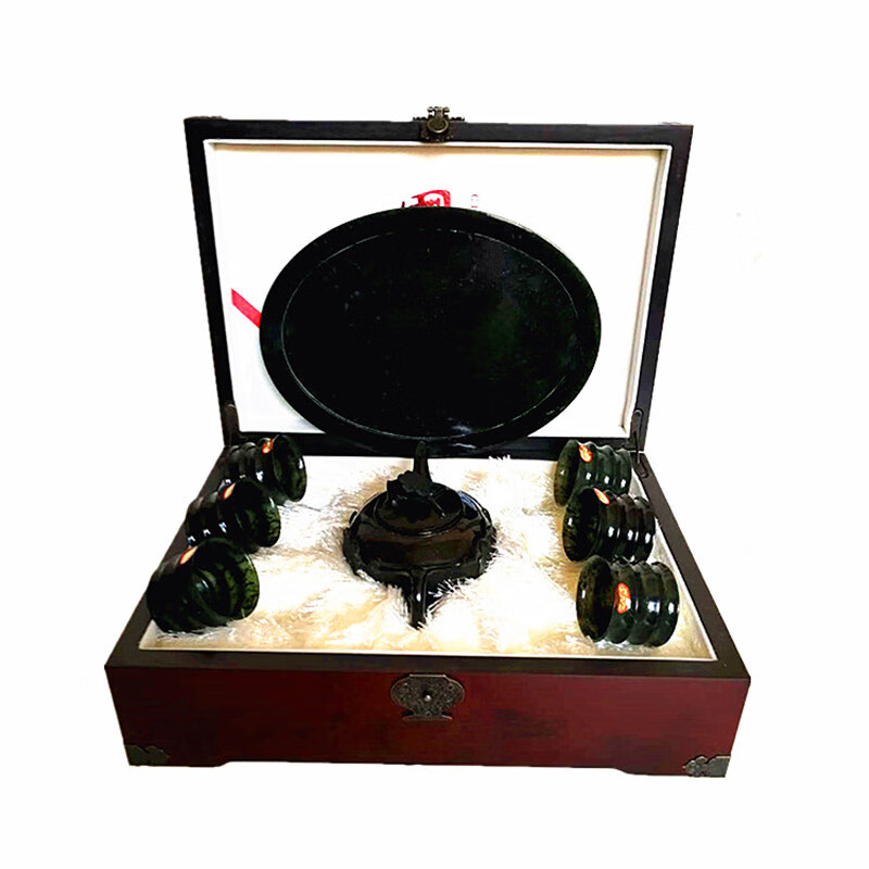 ovozi甘肃酒泉夜光杯精品祁连墨玉节节高茶具八件套敦煌特产蛇纹玉盘