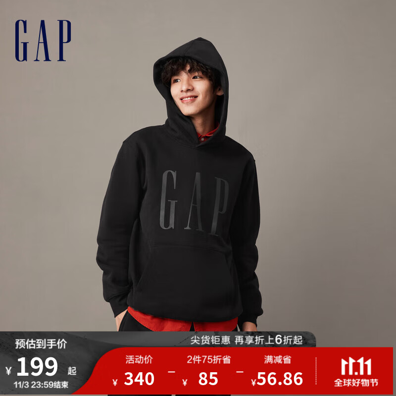 Gap预售男女装冬季2023新款LOGO碳素软磨抓绒卫衣841332运动连帽衫 黑色 175/96A(L)亚洲尺码怎么看?