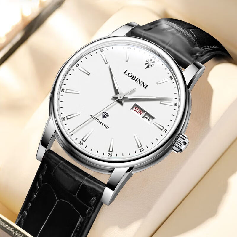 羅賓尼（LOBINNI）進(jìn)口機(jī)芯手表男鑲鉆機(jī)械表全自動(dòng)夜光商務(wù)簡(jiǎn)約防水真皮多功能腕表 銀殼白面黑皮