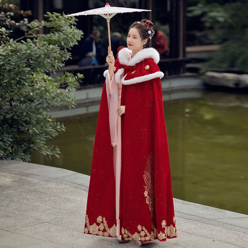 蒙巴登斗篷披风汉服女冬季服长款毛领古风古装披肩加绒加厚保暖 红色