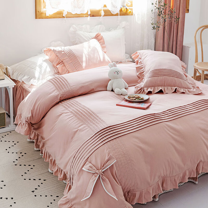 舒诗梵新款床裙款韩版公主风淑女纯棉全棉四件套8色:米夏 米夏-豆沙