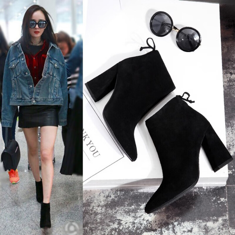 狮奥利兴杨幂同款尖头高跟鞋马丁靴磨砂翻毛皮短靴女春秋单靴粗跟冬季