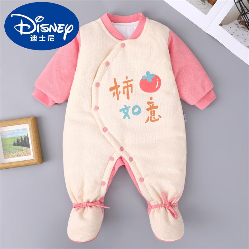 迪士尼（Disney）嬰兒衣服秋冬季連體衣新生兒寶寶包腳連體衣夾棉保暖連腳哈衣爬服 S386連體衣-粉(厚棉) 59適合年齡0-3個月
