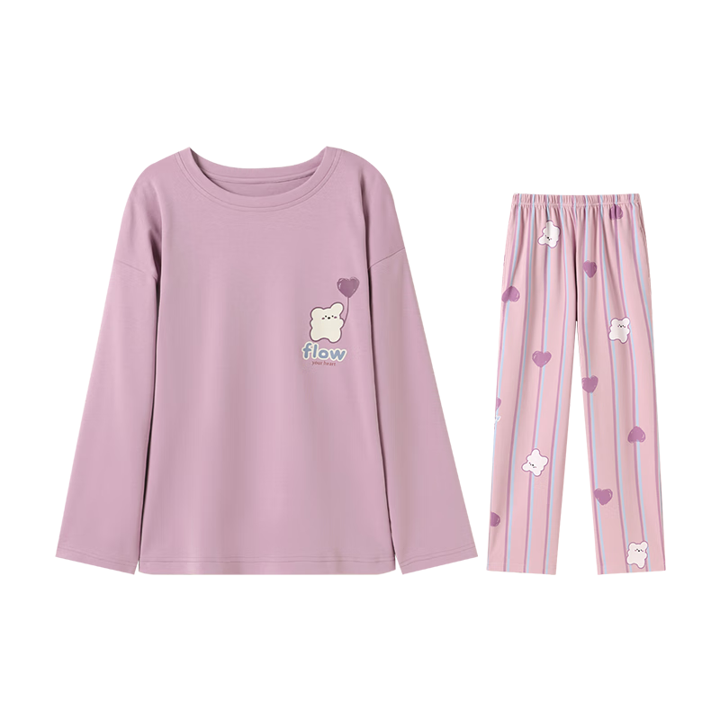 芬腾【纯棉爱心萌熊】冬圆领卡通可外穿长袖女士家居服睡衣套装女 紫色 L