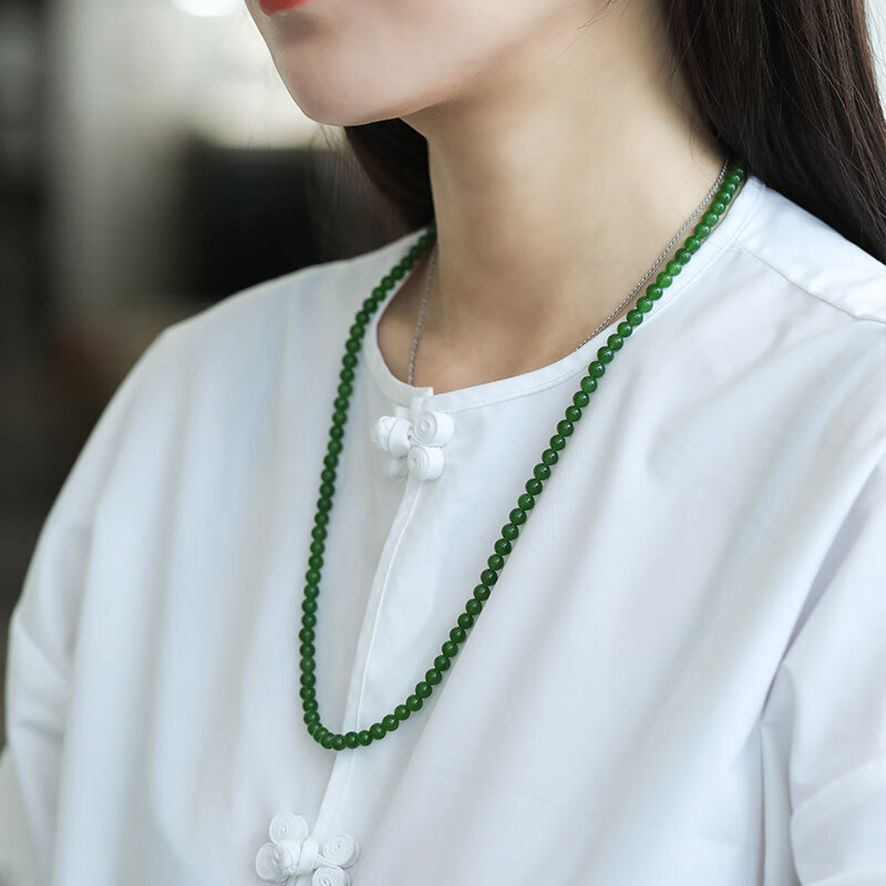 和合玉器和合玉器和田玉菠菜绿色碧玉0.5珠珠串圆珠项链吊坠女士节日礼物