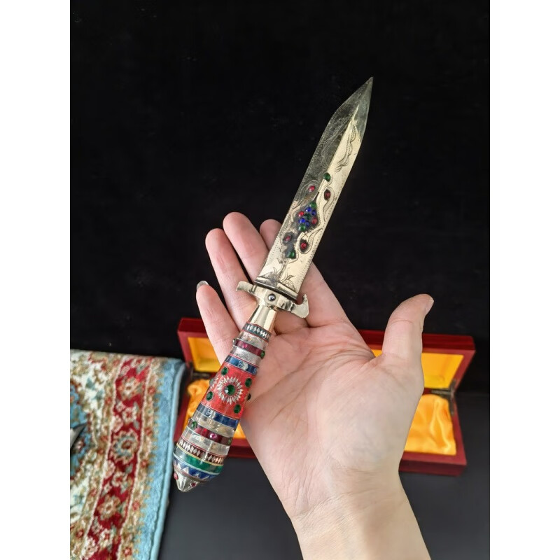 英吉沙小刀新疆 纯手工80年代回流英吉沙老刀收藏款锥形铜鞘直刀
