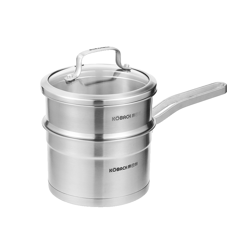 康巴赫304不锈钢奶锅无涂层宝宝辅食锅带蒸屉可蒸可煮锅16cm燃气灶通用