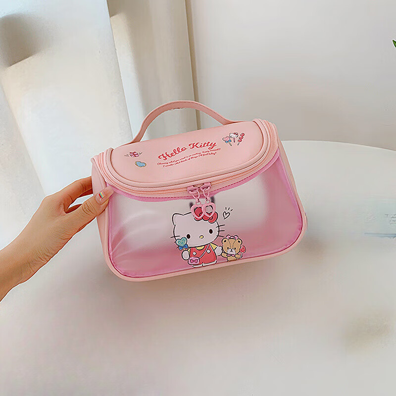 卡通化妆包女大容量便携旅行双拉链pu皮手提收纳包 2952-906HelloKitty-粉色