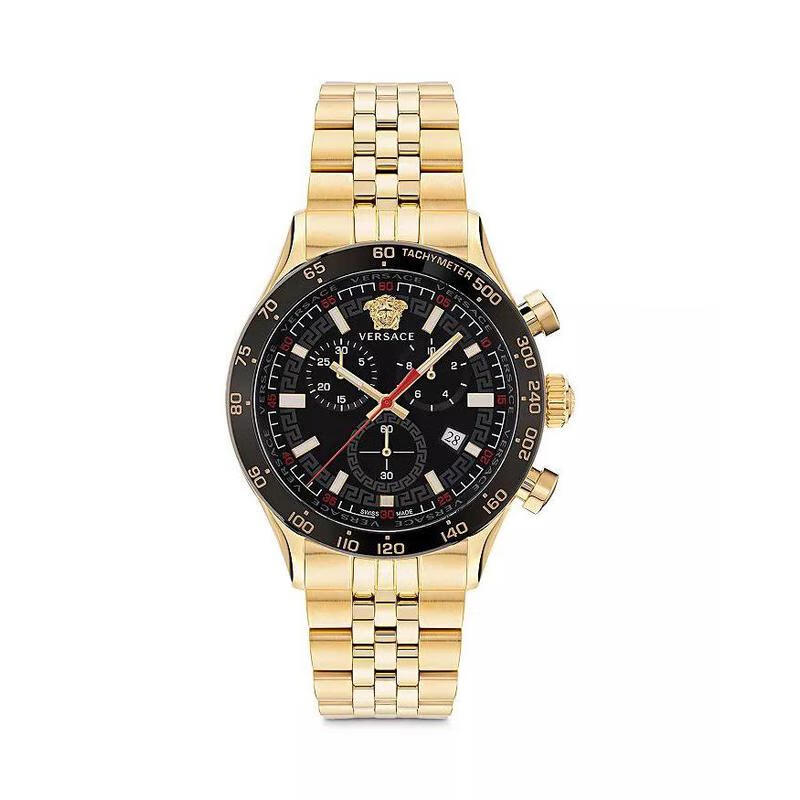 范思哲(versace)男士手表 hellenyium 金色不锈钢黑盘三眼计时商务