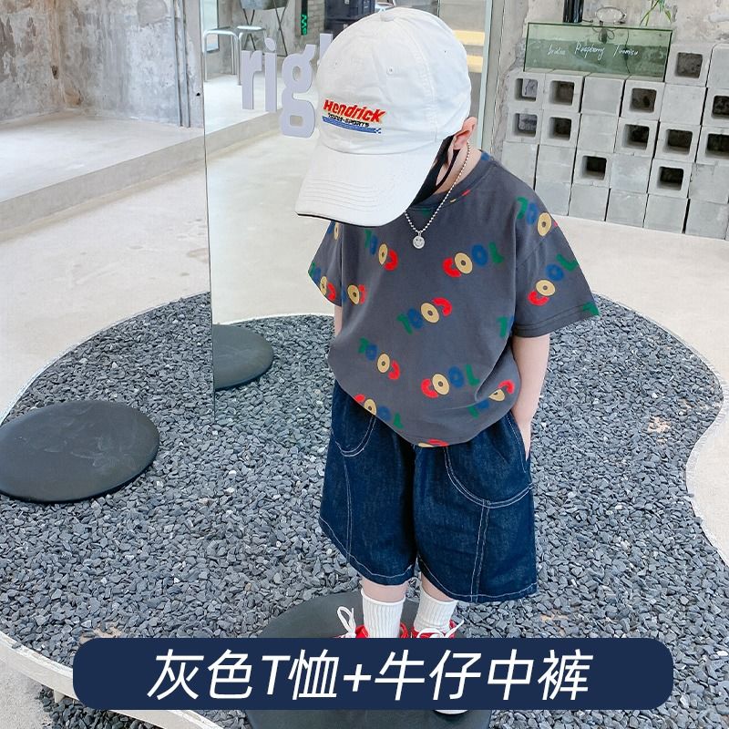 上衣牛仔裤儿童夏款衣服 灰色上衣加牛仔裤 100尺码建议身高90cm左右