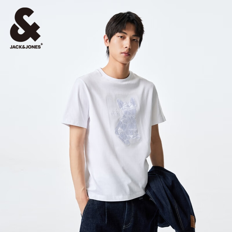 杰克·琼斯（JACK&amp;JONES）男装短袖t恤男夏季新款潮流纯棉休闲半袖T恤男士法斗犬狗重磅刺绣 本白色A06 2XL (190)
