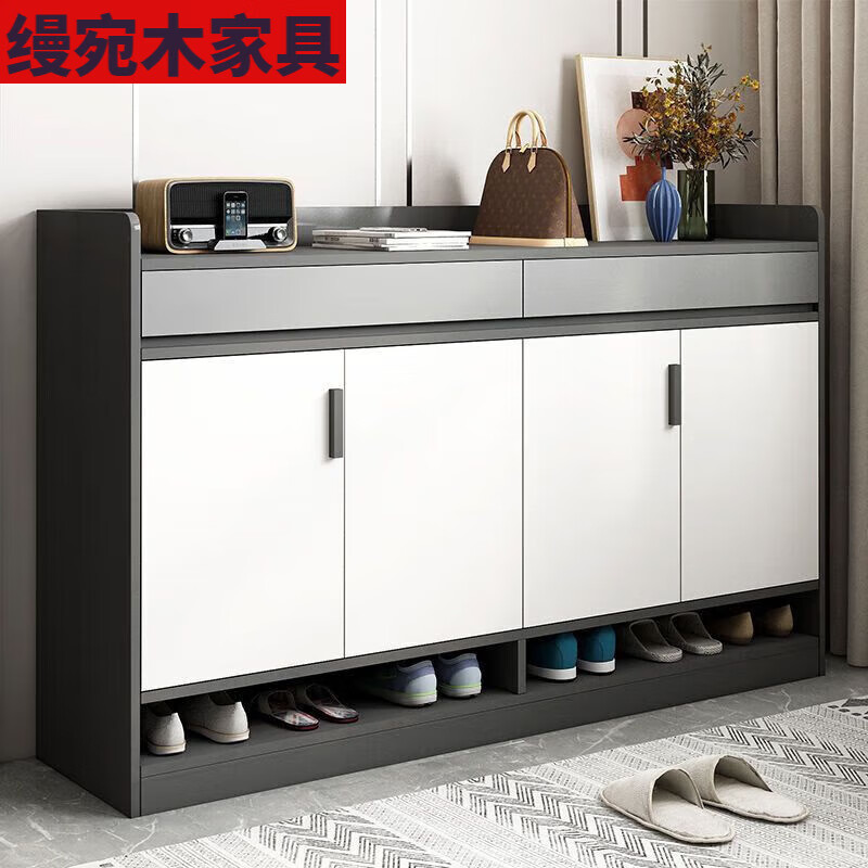门口鞋柜进门靠墙鞋架新款入户门鞋柜子多功 90公分三门两抽天空灰 白