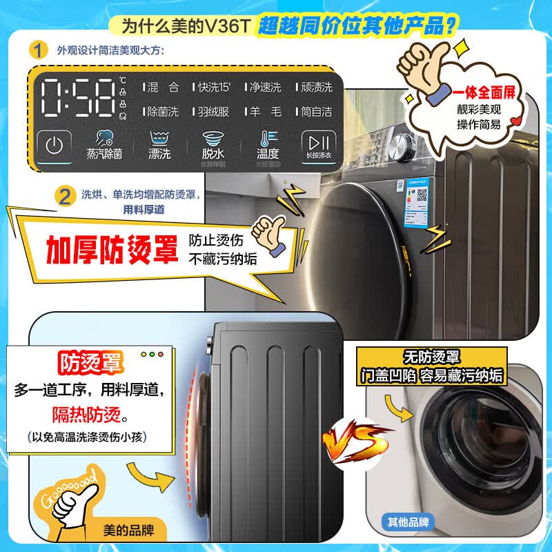 美的美的滚筒洗衣机全自动家用10公斤大容量1.1洗净比云朵洗MG100V36T