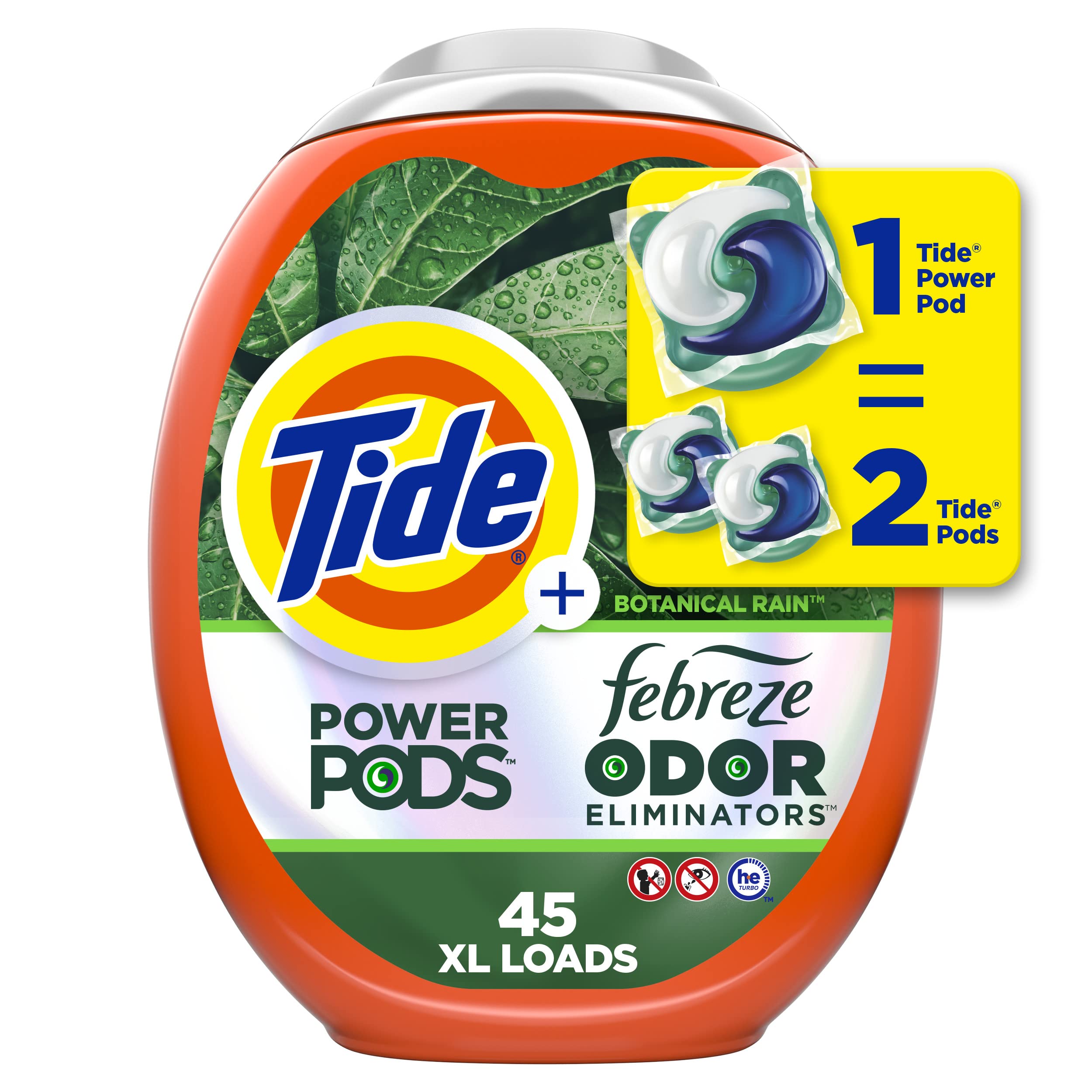 汰渍Tide Power Pods 洗衣液 Pacs 含 Febreze 45 支装 植物雨香味 雨中森林